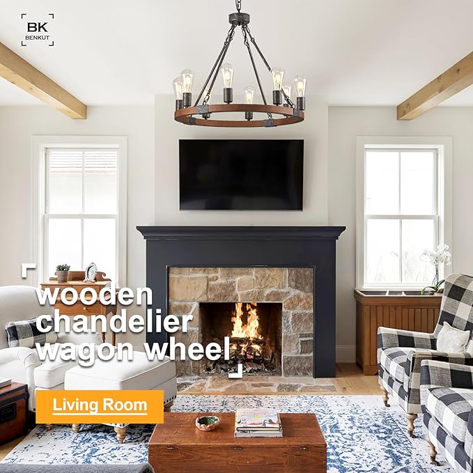 Farmhouse Wagon Wheel Chandelier 23.6" Black Rustic Light Fixtures 8-Light Wood Round Chandelier for Dining Room Kitchen Entryway Foyer