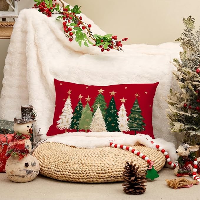 AACORS Christmas Pillow Cover 12X20 Inch Watercolor Christmas Tree Stars Decoration Holiday Farmhouse Winter Pillow Case for Sofa Couch Decor（Red） AA231-12-N