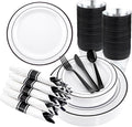 WELLIFE 210Pcs Black Plastic Dinnerware with Pre Rolled Napkins, Include:30 Dinner Plates, 30 Dessert Plates, 30 Paper Napkins, 30 Cups, 90 Plastic Cutlery