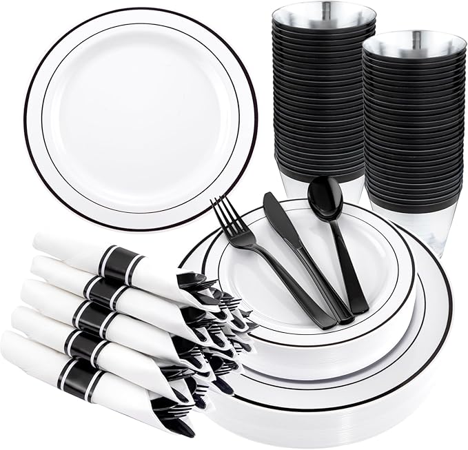WELLIFE 210Pcs Black Plastic Dinnerware with Pre Rolled Napkins, Include:30 Dinner Plates, 30 Dessert Plates, 30 Paper Napkins, 30 Cups, 90 Plastic Cutlery