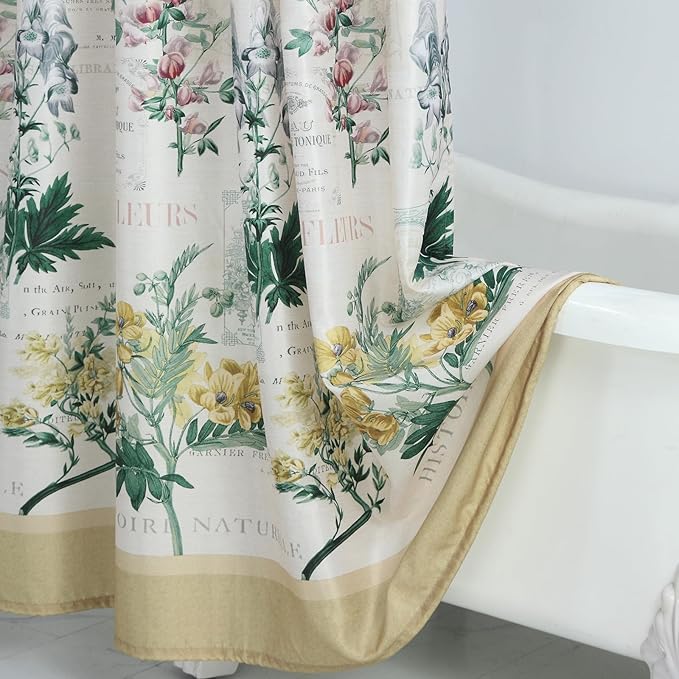 Long Fabric Shower Curtain, Country Vintage Floral Shower Curtain, Gold and Green Flower Shower Curtains for Bathroom, Waterproof Bathroom Curtains, 72" W x 78" H