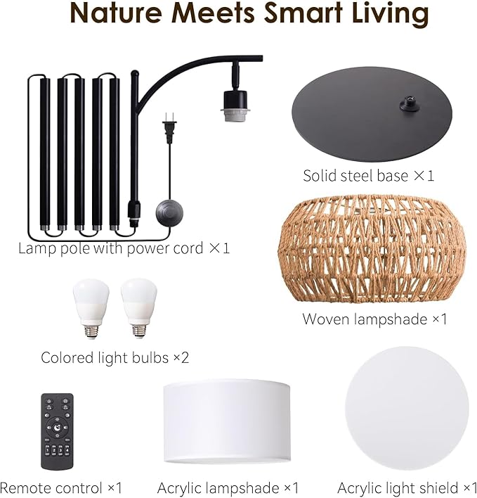 Boho Rattan Floor Lamp with Shade - 12W Bright LED Bulb, Adjustable Height 48-60 Inch, Remote Control 3 Color Temperatures,Farmhouse Handwoven Arc Standing Light for Living Room Bedroom