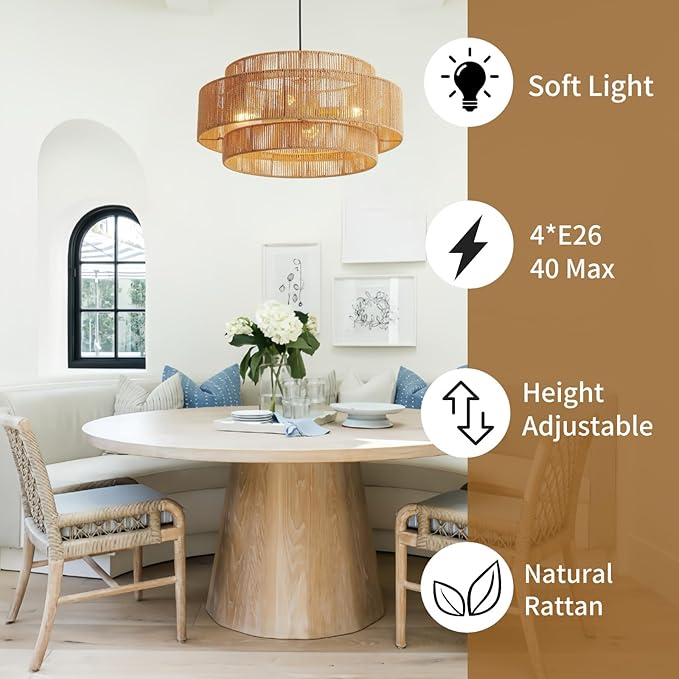 3-Tier Large Rattan Chandeliers, 23.6in Woven Boho Coastal Pendant Lights for Dining Room