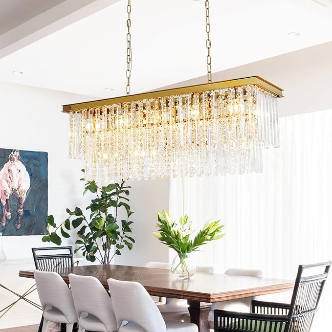 Modern Gold Crystal Chandelier, 39" Rectangle Oval Linear Pendant Light Fixture for Dining Room, Kitchen Island, Living Room, Bar
