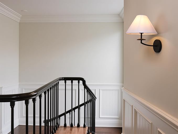 PERMO Vintage Wall Sconce Black Classic Bathroom Sconces wiht 11" Tapered White Textile Shade Wall Sconce Hardwired Indoor Wall Mount Lights for Living Room Bedroom Hallway Entryway