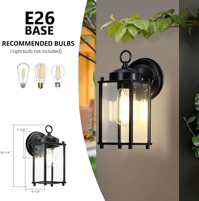 Outdoor Wall Light, Exterior Lighting Fixture Wall Lantern, Black Porch Light Fixture with Clear Beveled Glass, Outdoor Wall Sconce Waterproof Anti-Rust E26 Socket for Front Door, 2 Pack