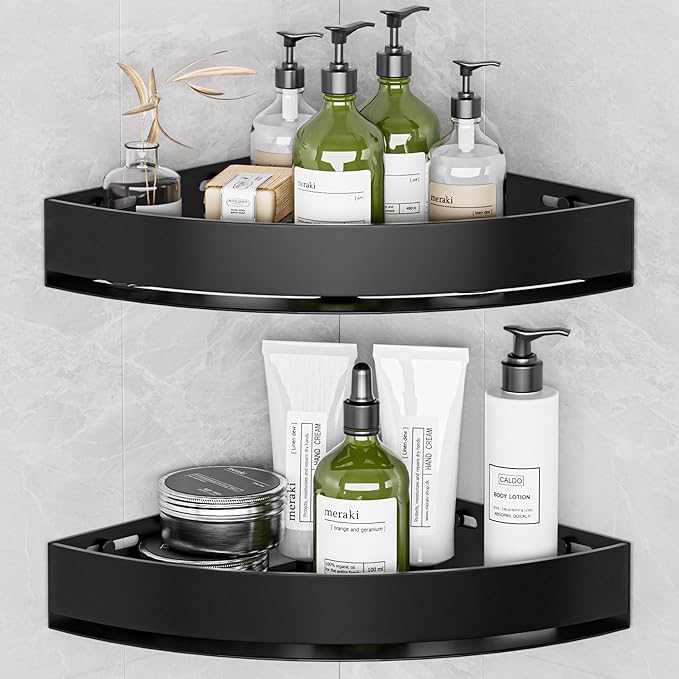 Black Corner Shower Caddy - Rustproof Aluminium Triangle Shower Shelf - No Drill & Drill Installation - 2 Bathroom Shelves Wall Mounted (20LB Capacity/Tier)