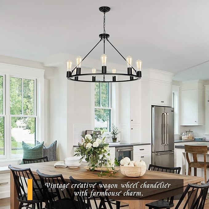 9-Lights Farmhouse Chandelier | Dia 32'' Black Wagon Wheel Chandelier | Rustic Hanging Dining Room Light Fixture | Apply to Living Room | Kitchen Island | Entryway | Foyer