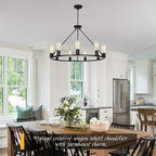 9-Lights Farmhouse Chandelier | Dia 32'' Black Wagon Wheel Chandelier | Rustic Hanging Dining Room Light Fixture | Apply to Living Room | Kitchen Island | Entryway | Foyer
