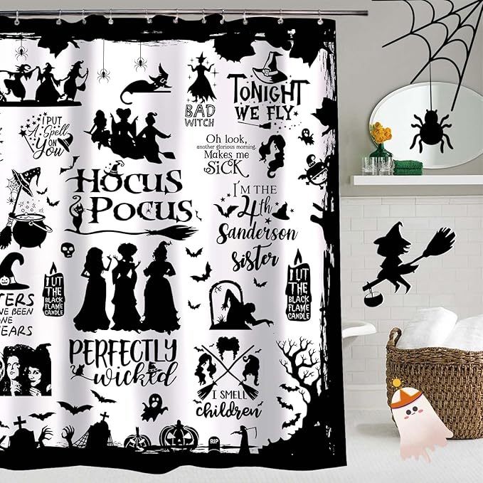 Metawu Halloween Shower Curtain Witch Shower Curtains Sets Witch Bat Spider Web Bathroom Curtain Waterproof Bathtubs Curtain 72"×72" with 12 Hooks Bathroom Decoration