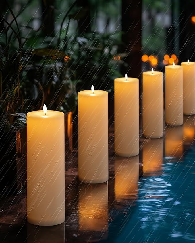 5plots 4" x 12" Waterproof Outdoor Flameless Candles Battery Operated LED Large Pillar Candles with Remote and Timer for Indoor Outdoor Lanterns, Long Lasting, White, Set of 2