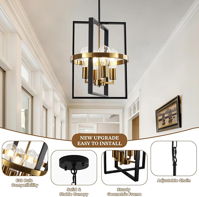 Small Black and Gold Chandelier for Dining Room, 4-Light Modern Pendant Lights Adjustable Geometric Industrial Rustic Foyer Lighting Fixtures for Entryway Living Room Kitchen Island Hallway