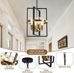 Small Black and Gold Chandelier for Dining Room, 4-Light Modern Pendant Lights Adjustable Geometric Industrial Rustic Foyer Lighting Fixtures for Entryway Living Room Kitchen Island Hallway