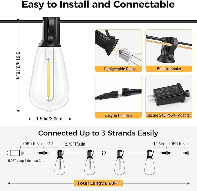litogo Led Outdoor String Lights, 60Ft Patio Lights Waterproof with Edison Bulbs Shatterproof, Warm White Hanging Outside Lights for Backyard Deck Party Garden Bistro Tent(18+2bulb)