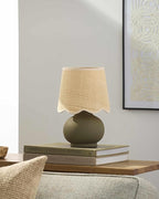 BoutiqueRugs Navarro Boho Ceramic Bedside Table Lamp for Bedroom Nightstand and Living Room - Shade Rattan - Green, Beige - 13" H