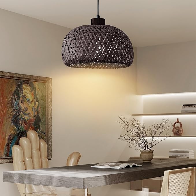Black 18inch Bamboo Rattan Pendant Light, Hand-Woven Wicker Boho Hanging Ceiling Light Fixture, Pendant Lamp Rustic Farmhouse Chandelier for Kitchen Island, Dining Room, Living Room