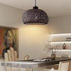 Black 18inch Bamboo Rattan Pendant Light, Hand-Woven Wicker Boho Hanging Ceiling Light Fixture, Pendant Lamp Rustic Farmhouse Chandelier for Kitchen Island, Dining Room, Living Room