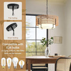 Boho Rattan Chandelier, 19.7" Rattan Pendant Light with Fabric Shade, 4-Light Farmhouse Ceiling Light Fixture Chandelier for Dining Room, Living Room, Bedroom, Kitchen Island, Foyer, Hallway