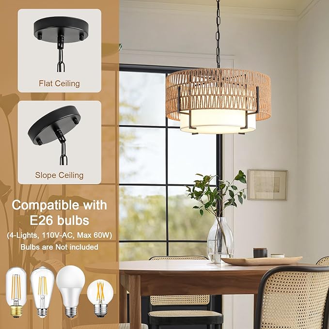 Boho Rattan Chandelier, 19.7" Rattan Pendant Light with Fabric Shade, 4-Light Farmhouse Ceiling Light Fixture Chandelier for Dining Room, Living Room, Bedroom, Kitchen Island, Foyer, Hallway