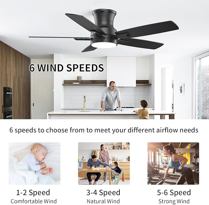YUHAO 42 Inch Flush Mount Black Ceiling Fan with Light and Remote Control.Noiseless,Dimmable,3CCT,6 Speeds Reversible, Low Profile DC Ceiling Fans for Indoor Use