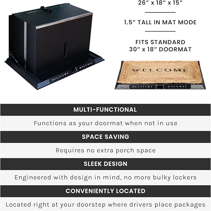 DAVYMAT ~ Transforming Doormat Package Locker/Anti-Theft Lockable Outdoor Parcel Safe/Secure Collapsible Porch Storage/Large 26x18x15" Capacity