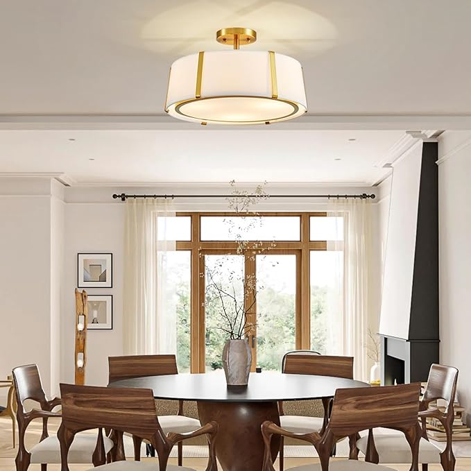 Shrine Lighting Drum Chandeliers, Modern Style, Perfect Ceiling Light Fixture for Living Space, D16'' x H9'', E12*3 Sockets, White Lampshade & Brass Finish