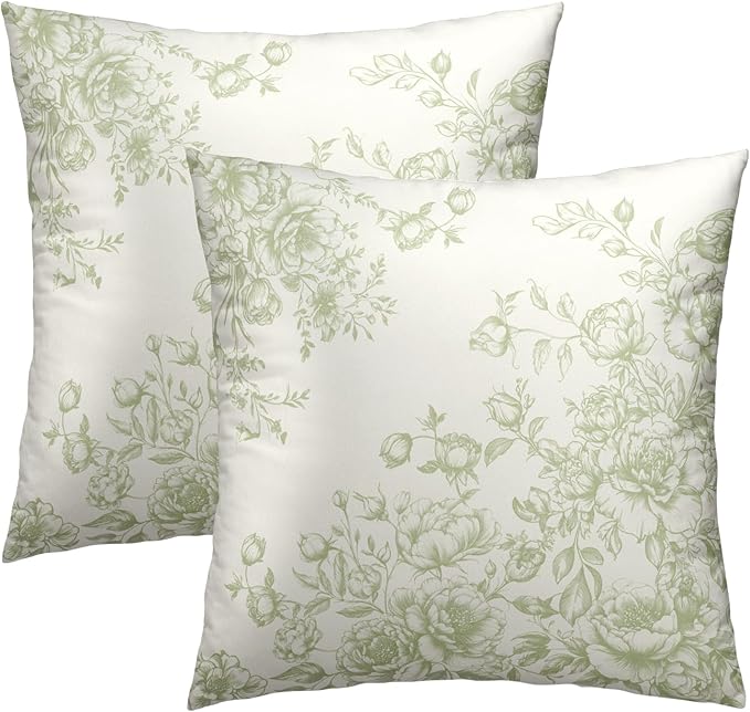 Vintage Flowers Throw Pillow Covers 22x22 Inch, 2 Pcs Light Green White Chinoiserie Floral Pillowcases Double-Sided Square Cushion Cover for Couch Sofa Bed Outdoor Home Decor
