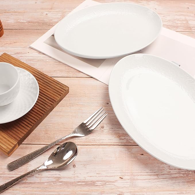 Ceramic Serving Platters Set of 4, White 10 Inch Oval Relief Platters, Entertaining Modern Kitchen Dishes, for Dinner, Fruit, Salad, Pasta - Microwave, Oven & Dishwasher Safe