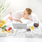 Expandable Drain Bath Caddy Tray for Tub, YOCOMEY Multifunctional Acrylic Bathtub Tray Bathroom Organizer, Simple Bathtub Table Trays Storage Rack for Candle Towel Book Wine Phone Shower(Clear)