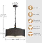 Shrine Lighting Drum Chandeliers, Farmhouse Style, Perfect Drum Pendant Light for Dining Room, D21'' x H8'', Adjustable Chains 59'', E26*3 Sockets, Black Linen Fabric Lampshade & Black Rod