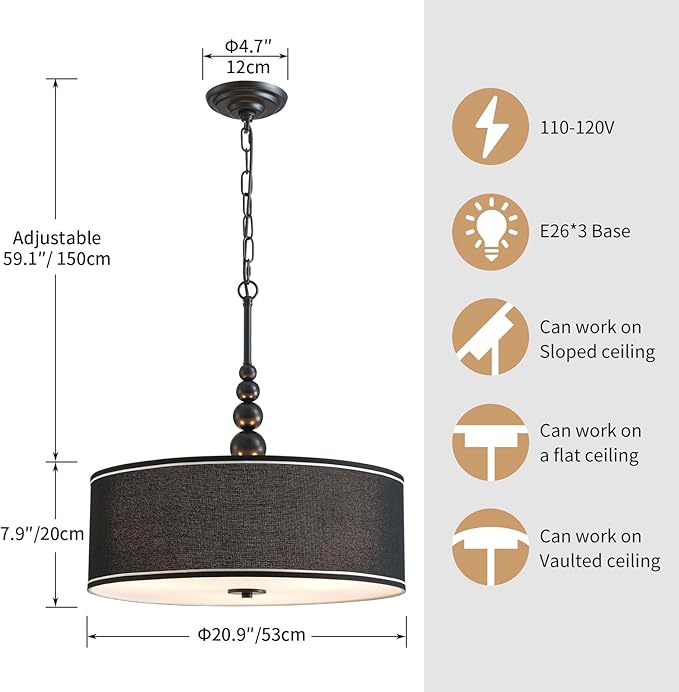 Shrine Lighting Drum Chandeliers, Farmhouse Style, Perfect Drum Pendant Light for Dining Room, D21'' x H8'', Adjustable Chains 59'', E26*3 Sockets, Black Linen Fabric Lampshade & Black Rod