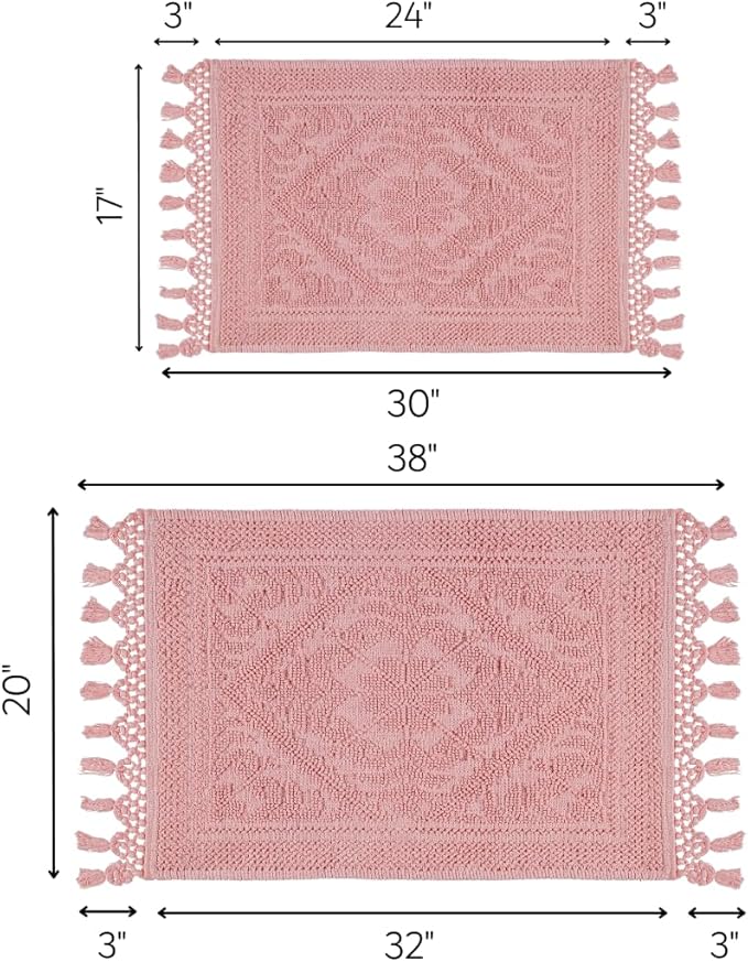 Savi Home Cotton Woven Jacquard Bathroom Rug Set of 2, Woven Fringe Bathroom Mats, 100% Cotton, Non - Slip Bath Mat, Durable Thick Bath Mat 17”x30”& 20"x38" with Fringes, Baby Pink