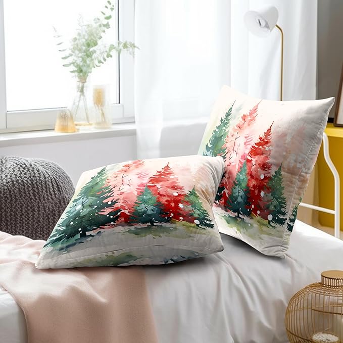 Watercolor Christmas Tree Pillow Covers Set of 2-18X18 Inch Red Green Xmas Pine Trees Decorative Pillow Cases Cushion Cover for Couch Sofa Bed,Winter Holiday Home Decor