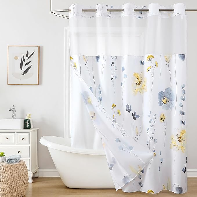QiyI Flower Shower Curtain with Snap in Liner, Blue and Yellow Watercolor Floral Cloth Bath Curtains, No Hook Shower Curtains with Mesh Top Window, Fabric Waterproof Bathroom Curtain Set, 72 x 81 Inch
