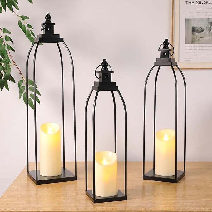 DARJEN 3 Pcs Black Metal Decorative Candle Lantern Set, 16'' 19'' 22'' Modern Lantern with 3 Flameless Candles for Indoor & Outdoor, Decorative Large Lanterns for Porch, Patio, Fireplace & Home Decor