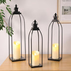 DARJEN 3 Pcs Black Metal Decorative Candle Lantern Set, 16'' 19'' 22'' Modern Lantern with 3 Flameless Candles for Indoor & Outdoor, Decorative Large Lanterns for Porch, Patio, Fireplace & Home Decor