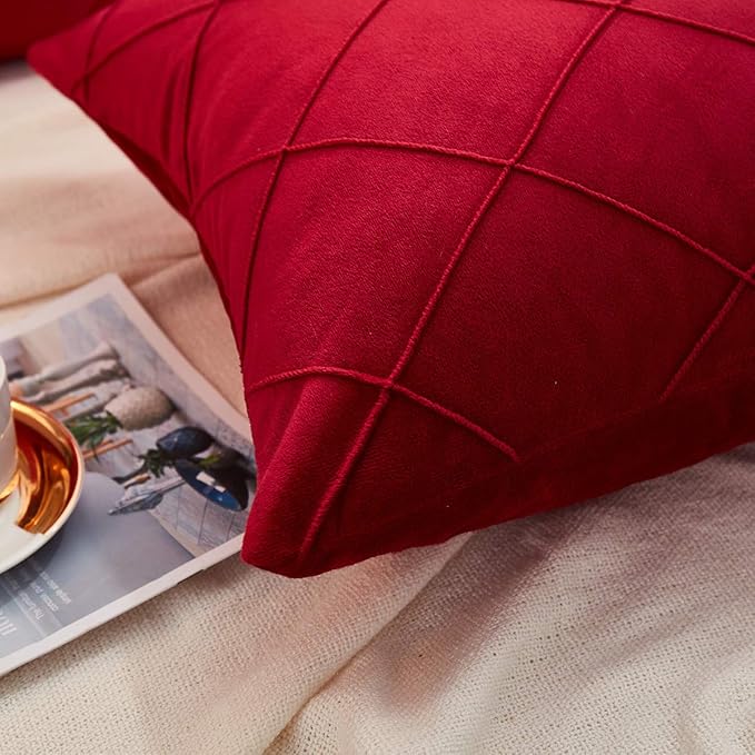 JAUXIO Diamond Pinch Pleated Crystal Velvet Pillowcases 2 Pack Solid Pintuck Throw Cushion Cover for Home Decor Hidden Zipper Closure (Burgundy, Standard)