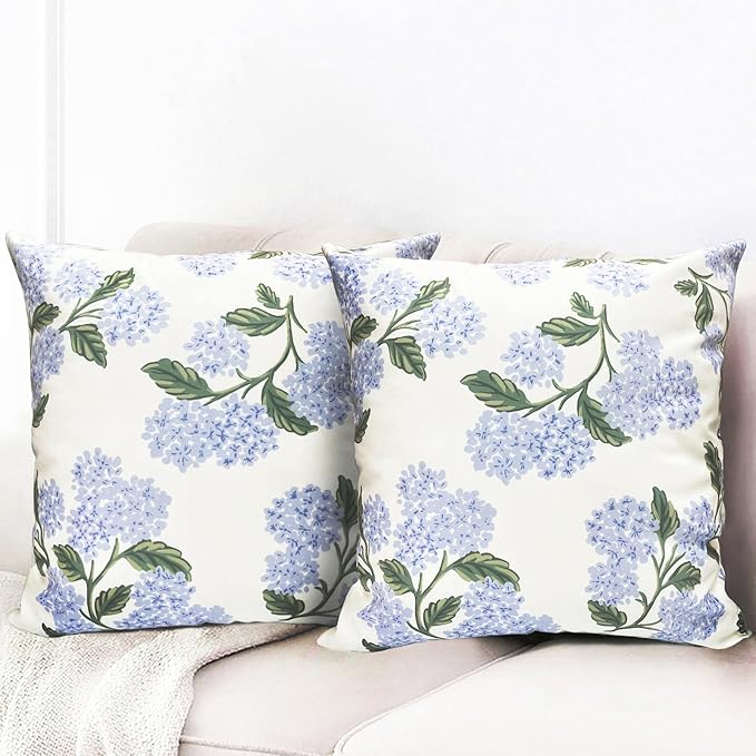 Decorative Throw Pillow Covers Set of 2 White Hydrangea Pillow Covers 16x16 inch Super Soft Short Plush Square Floral Throw Pillows,Farmhouse Outdoor Pillow Covers for Couch Living Room