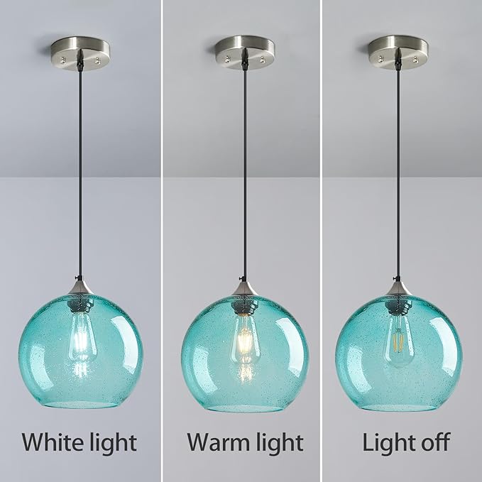 Light Blue Glass Pendant Lights Kitchen Island Globe Pendant Light Fixtures Modern Pendant Lighting for Bedroom Living Dining Room Light Fixture (9.84 in, 2 Pack)