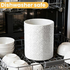 Ceramic Kitchen Utensil Holder for Countertop, Embossed Pattern Crock with Kiln-Fired Finish, Counter Organizer for Cooking Tools , White