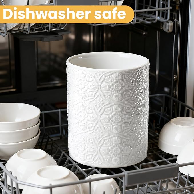 Ceramic Kitchen Utensil Holder for Countertop, Embossed Pattern Crock with Kiln-Fired Finish, Counter Organizer for Cooking Tools , White