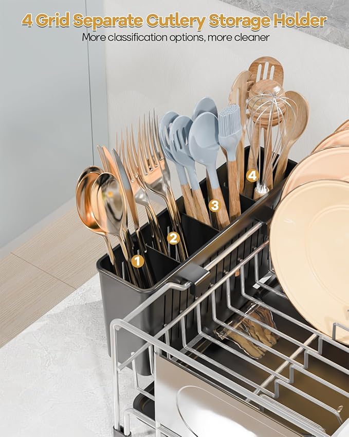 Dish Drying Rack, Dish Racks for Kitchen Counter, Stainless Steel Dish Drainer Drainboard Set with Smart Drainage, 360° Adjustable Spout, Utensil Holder and Cup Holder