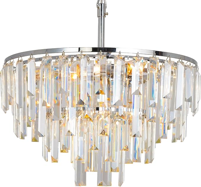 Chrome Modern Round Top K9 Crystal Chandelier Lighting Fixture, 6 Lights Round K9 Crystal Adjustable Hanging Lamp for Dining Room Bedroom Living Room,Hallway,Bar,Kitchen W17''
