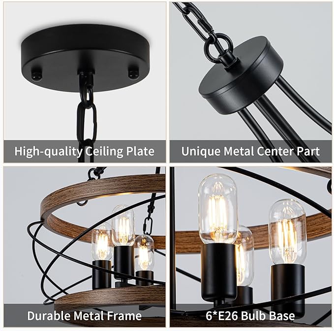 6-Light Farmhouse Chandelier, 23.62" Rustic Drum Dining Room Light Fixture, Vintage Wood Finish Metal Hanging Pendant Lighting, Industrial Candle Chandeliers for Living Room Kitchen Entryway Bedroom