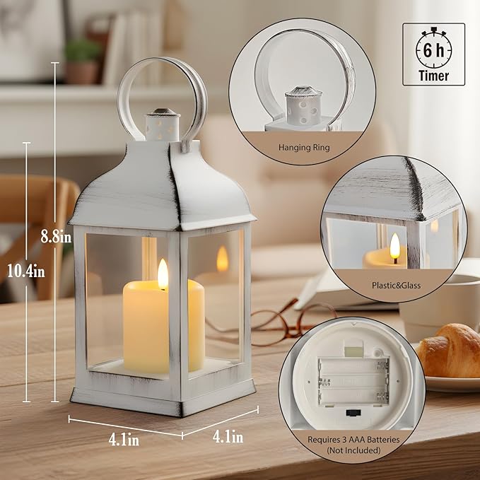 White Vintage Lantern Decorative LED Flickering Flameless Candle with Timer, Battery Powered LED Decorative Hanging Lanterns for Indoor Outdoor Wedding Garden Yard Home Decor(4 Pack)