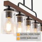 Farmhouse Chandelier 5-Light Dining Room Light Fixture Over Table Kitchen Island Lighting Rustic Chandeliers for Dining Light with Seeded Glass Shade Wood Pendant Lights Kitchen Island