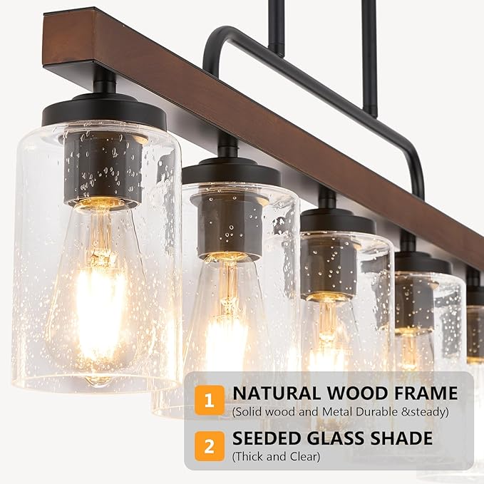 Farmhouse Chandelier 5-Light Dining Room Light Fixture Over Table Kitchen Island Lighting Rustic Chandeliers for Dining Light with Seeded Glass Shade Wood Pendant Lights Kitchen Island