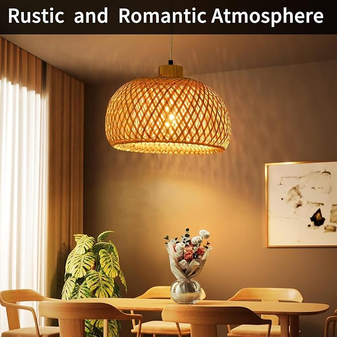 18inch Bamboo Rattan Pendant Light, Hand-Woven Wicker Boho Hanging Ceiling Lights Fixture, Beige Pendant Lamp Rustic Farmhouse Chandelier for Kitchen Island, Dining Room, Bedroom, Living Room