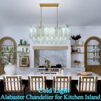 Alabaster Rectangle Chandelier, 40'' 76 PCS Natural Spanish Marble Linear Chandelier for High Ceiling, 4-Tiers Modern Luxury Large Brass Chandeliers for Dining Room, Kitchen Island (Bulbs Included)