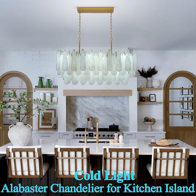 Alabaster Rectangle Chandelier, 40'' 76 PCS Natural Spanish Marble Linear Chandelier for High Ceiling, 4-Tiers Modern Luxury Large Brass Chandeliers for Dining Room, Kitchen Island (Bulbs Included)